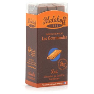Barres de chocolat Malakoff 1855 au lait fin et feuilletine sans emballage - Réglette de 6 barres de 20g
