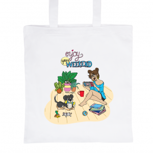 White Tote Bag 100% Cotton Marie Crayon "Enjoy your Weekend !"